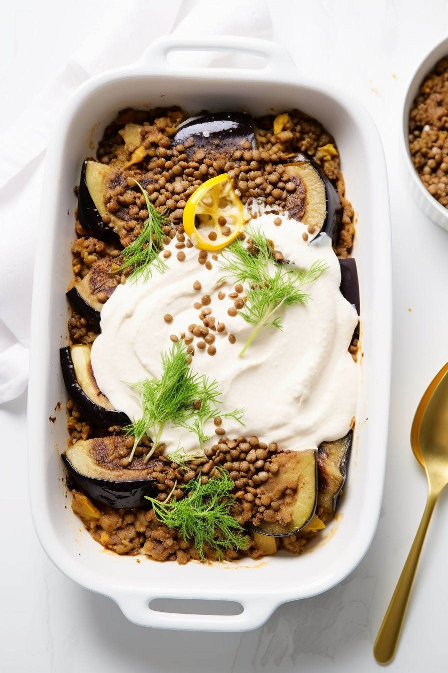 Baked Greek Moussaka with Eggplant and Lentils