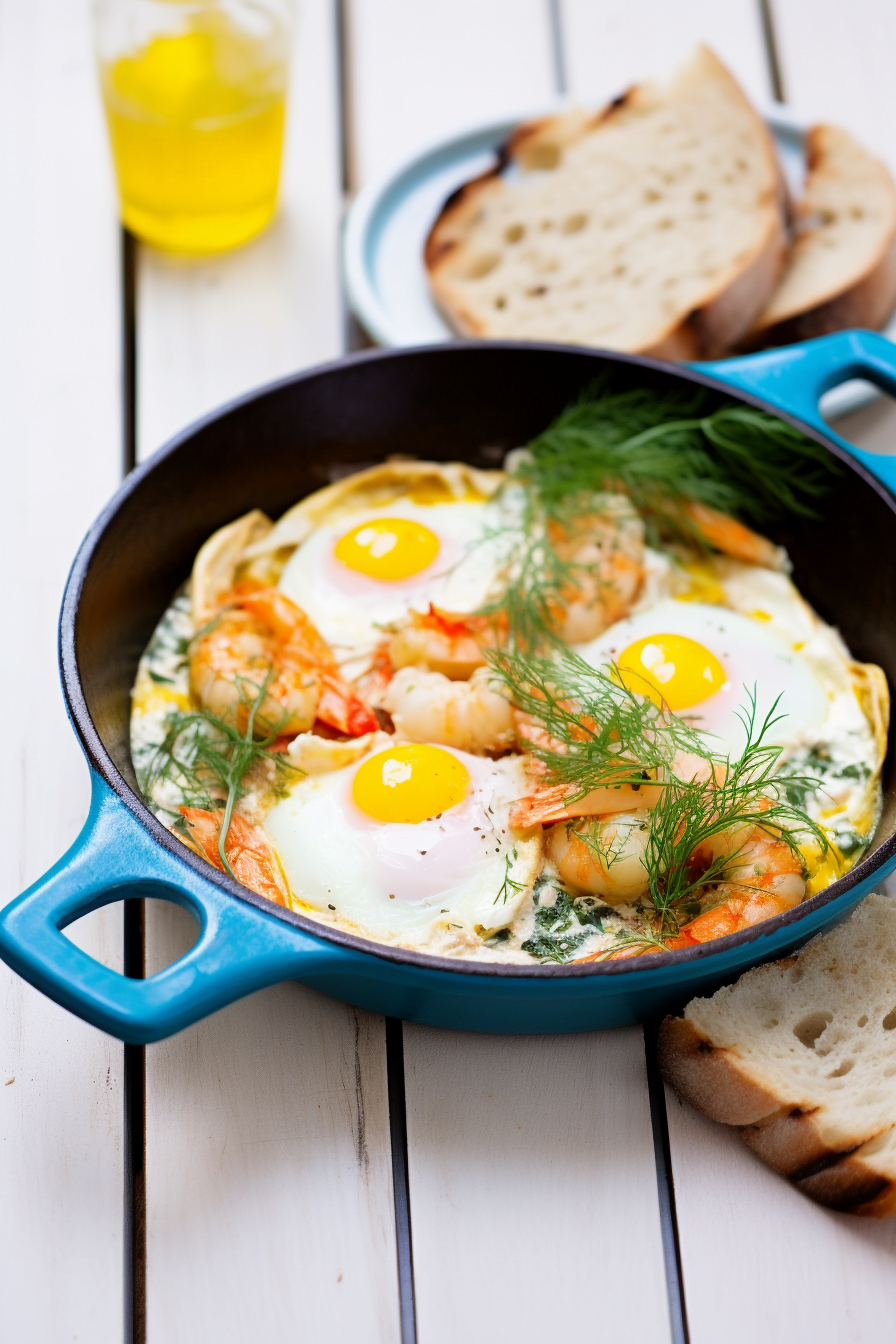 Shakshuka with Crab, Fennel, and Saffron Aioli Cooking