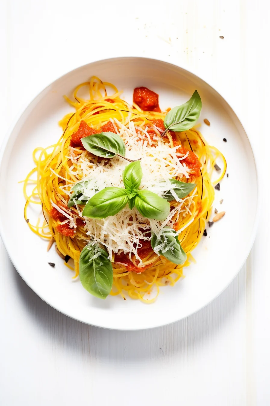 Spaghetti Squash with Tomato Basil Sauce and Pine Nuts Ready to Serve