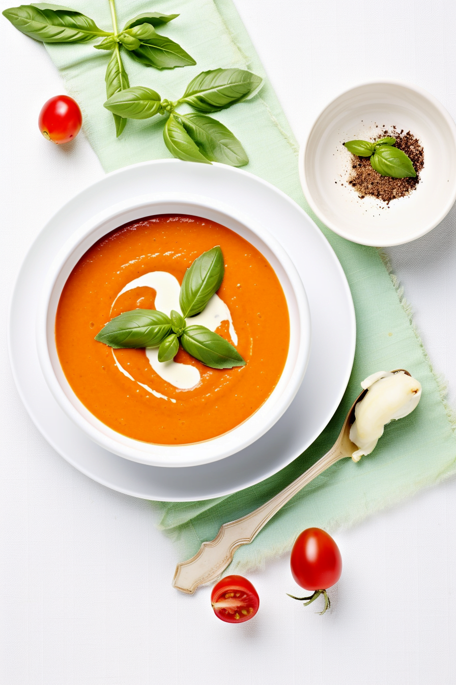 Tomato Basil Bisque Served with Olive Oil Drizzle