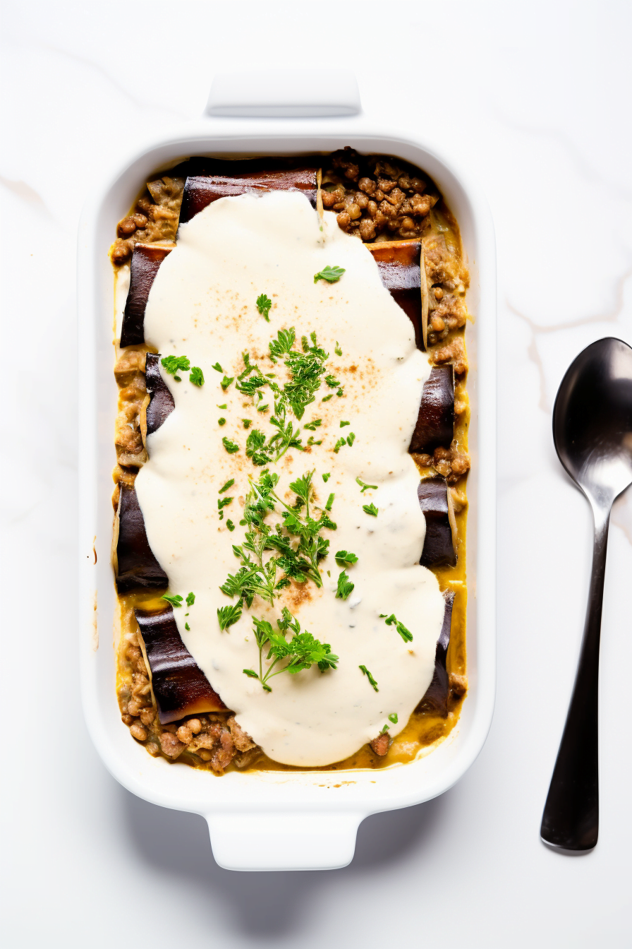 Layering Greek Moussaka with Eggplant and Lentils