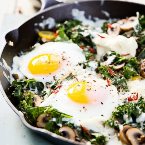 Kale and Mushroom Breakfast Skillet with Poached Eggs_001
