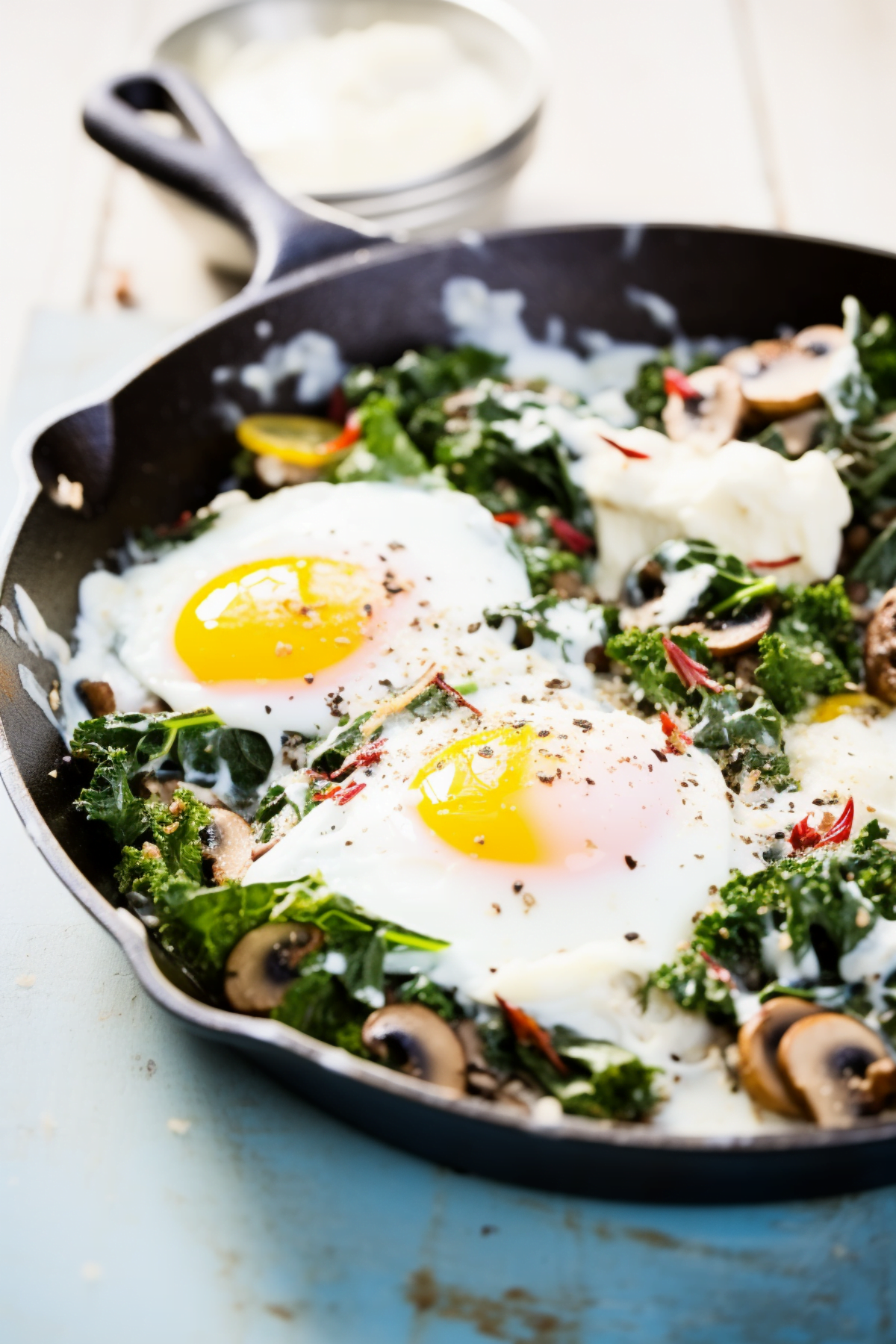 Kale and Mushroom Breakfast Skillet with Poached Eggs_001