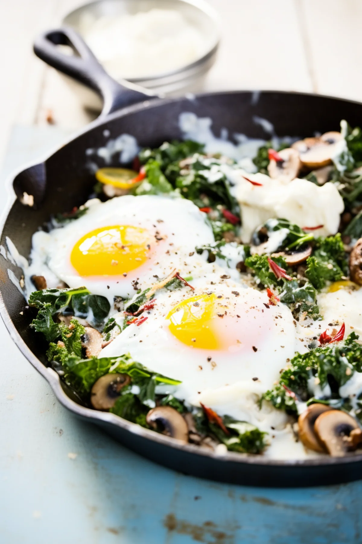 Kale and Mushroom Breakfast Skillet with Poached Eggs_001