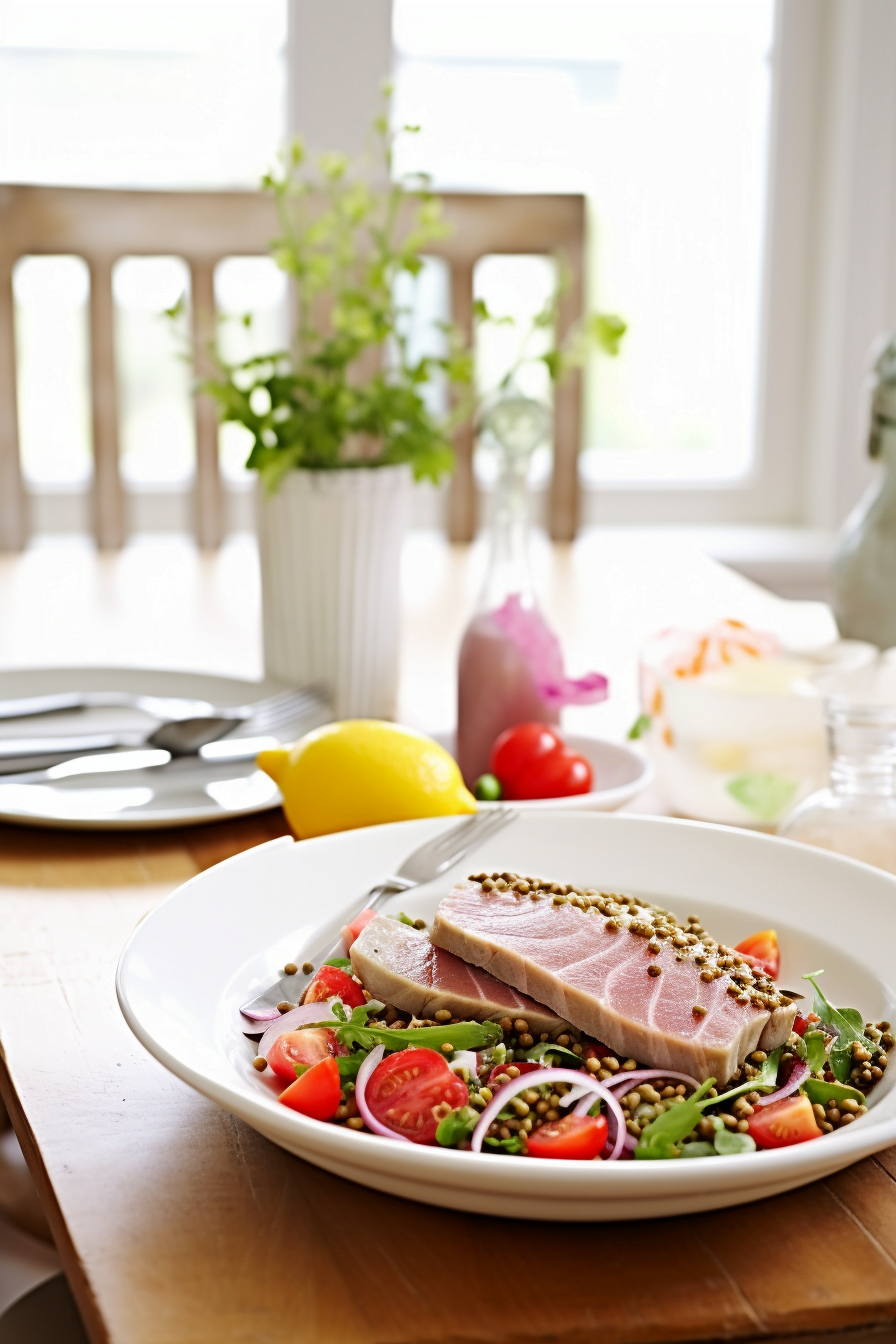 Ingredients for Pan-Seared Tuna with Mediterranean Lentil Salad