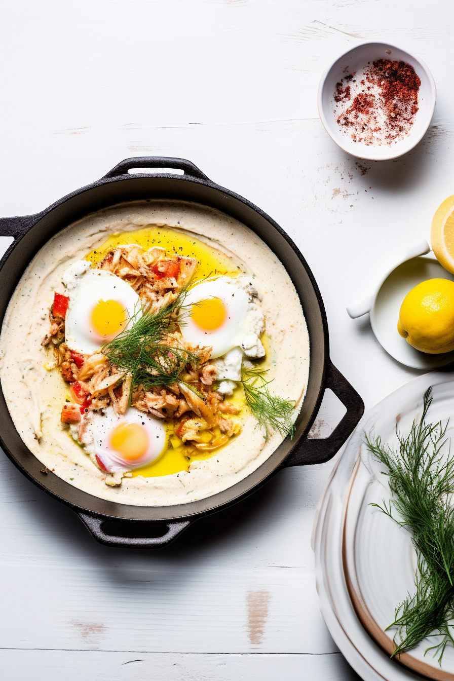 Shakshuka with Crab, Fennel, and Saffron Aioli