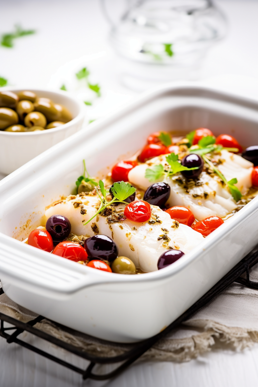 Baked Cod with Tomato, Olive, and Caper Ragout Ready to Serve