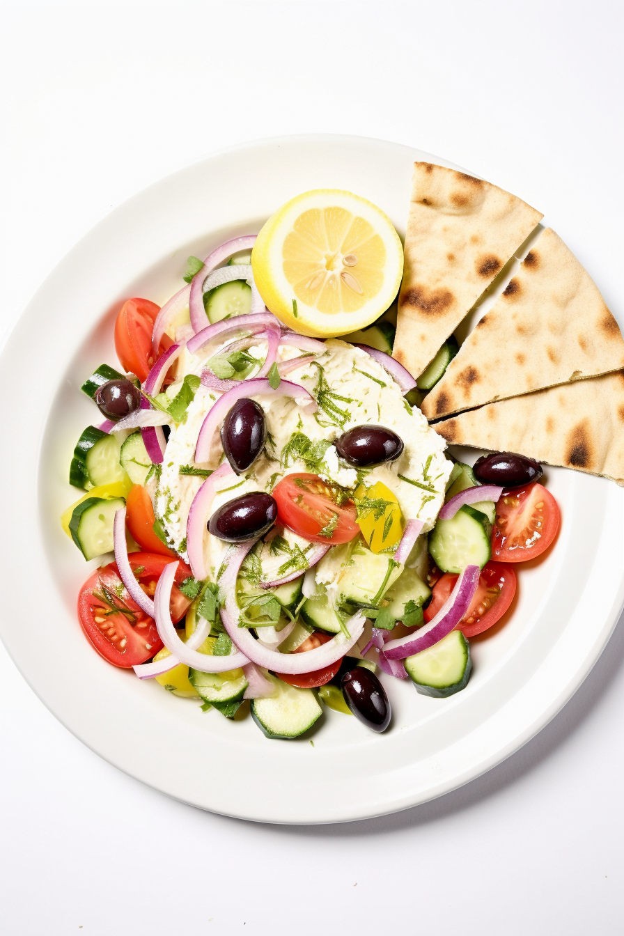 Cucumber, Tomato, and Feta Cheese Salad with Pita Bread Ready to Serve