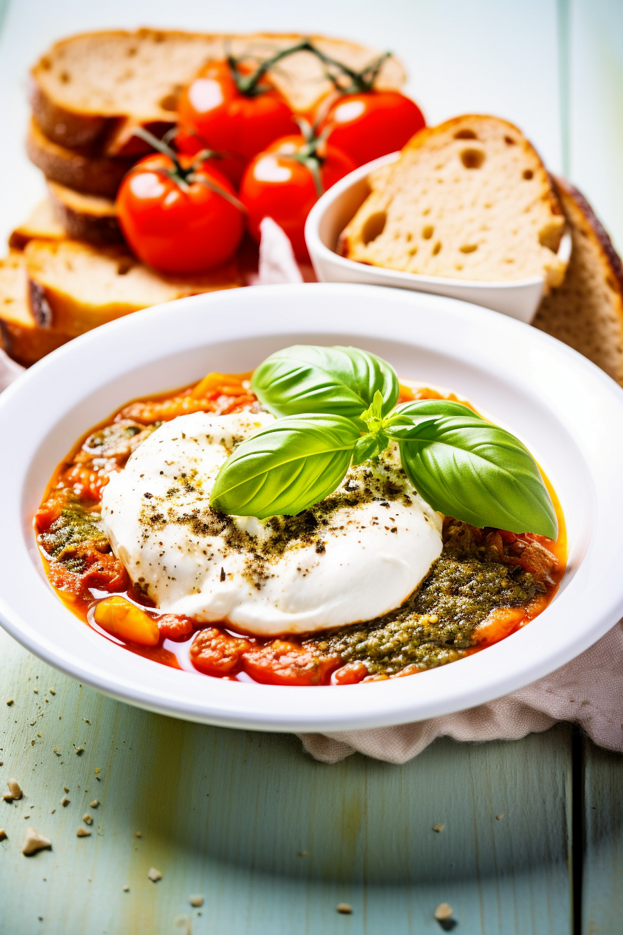 Italian Pappa al Pomodoro with Burrata and Basil Pesto Ready to Serve