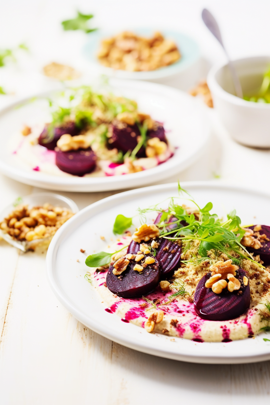 Lebanese Hummus with Roasted Beetroot and Walnut Crumble Preparation
