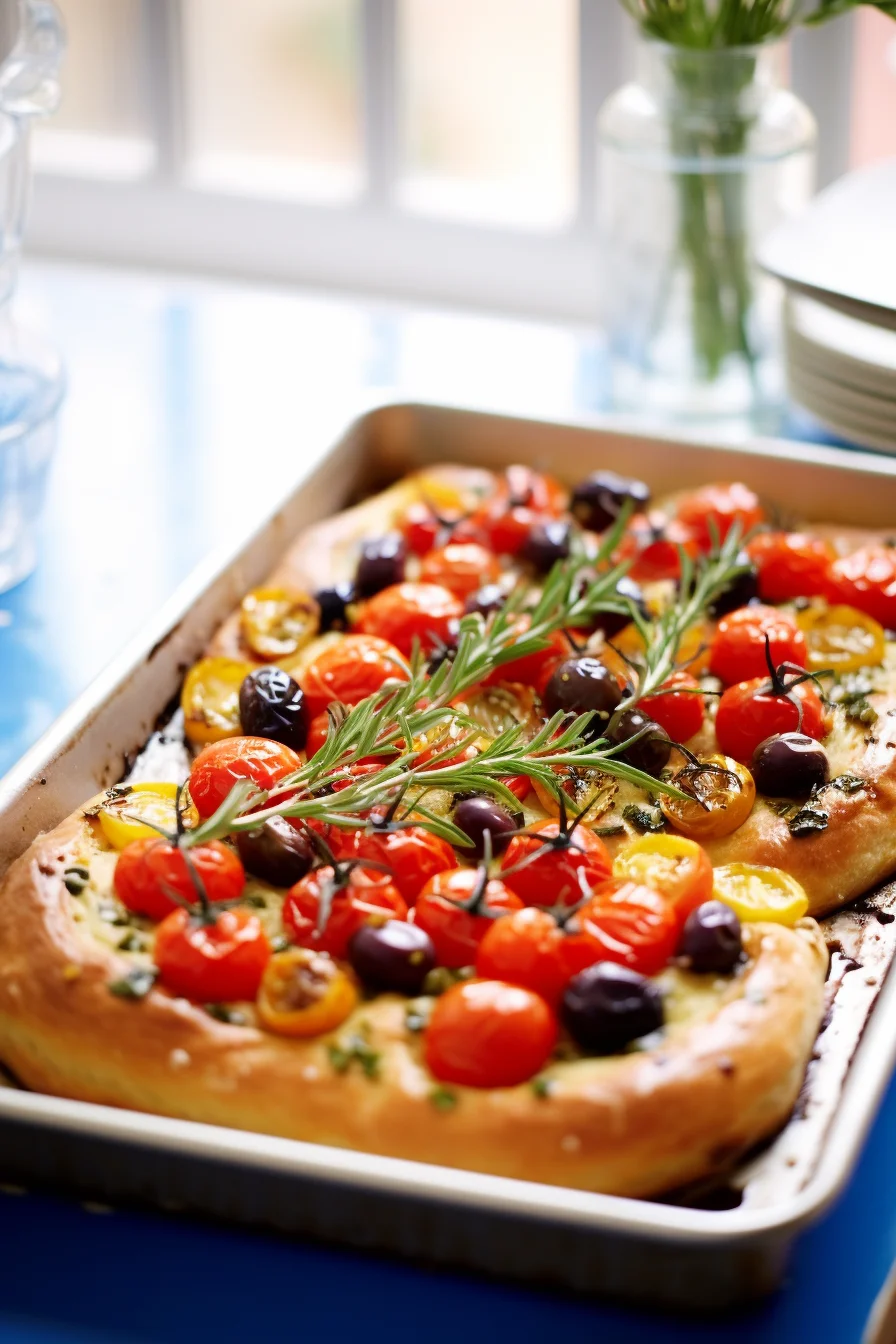 Baked Ligurian Cherry Tomato and Olive Focaccia