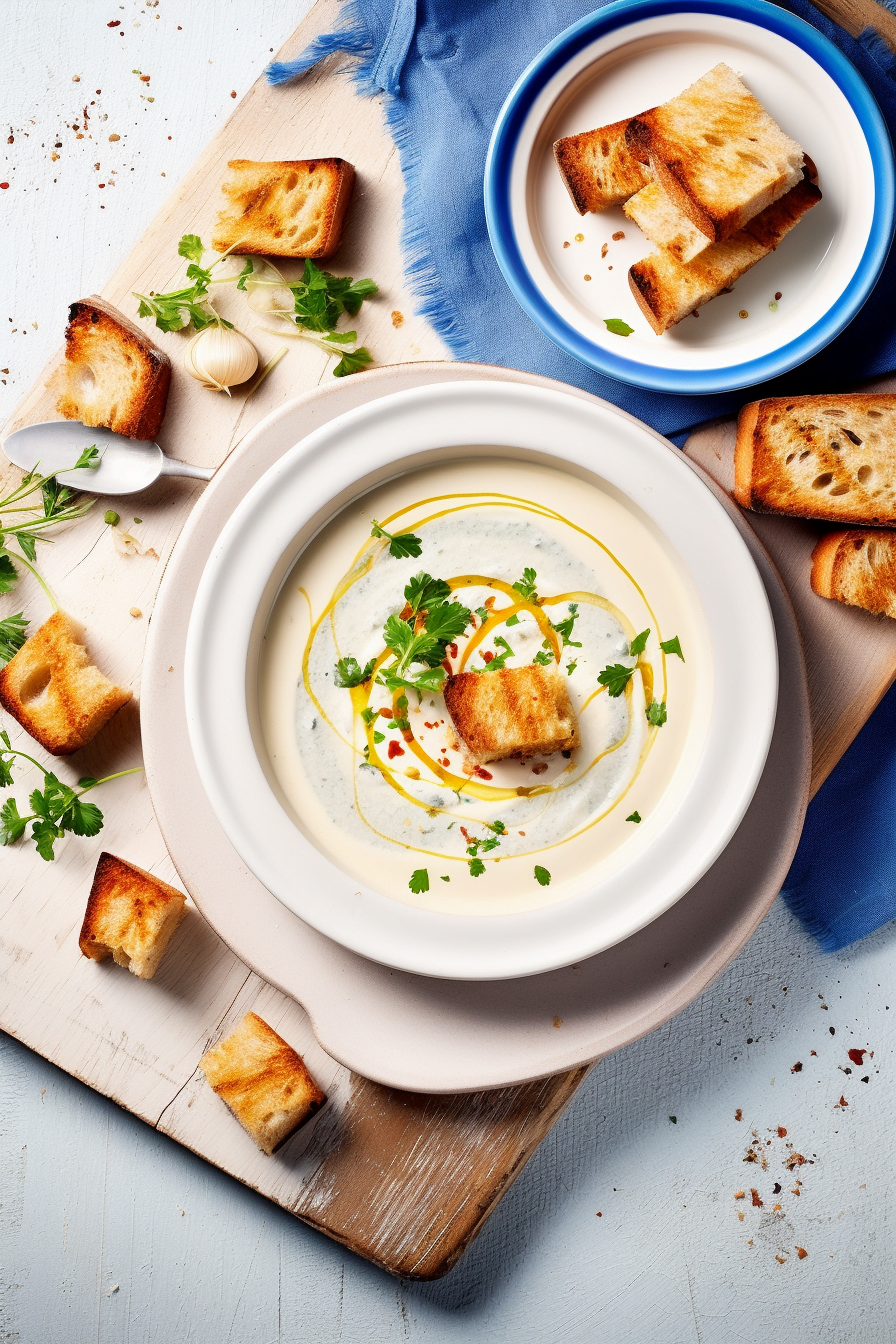 Menorcan Creamy Garlic Soup Served with Sourdough Croutons