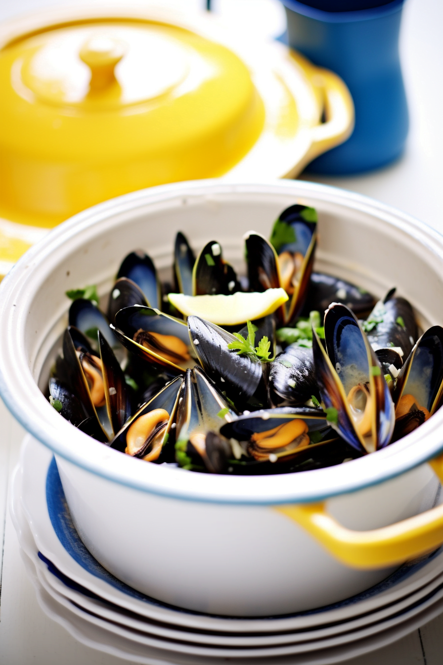 Mussels in White Wine and Garlic Sauce Served