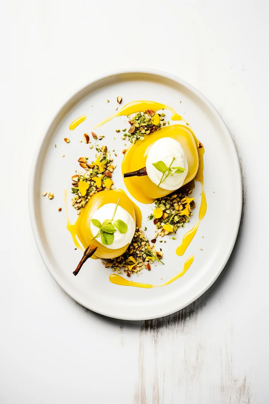 Saffron Poached Pears with Mascarpone and Pistachio Crumble Ready to Serve