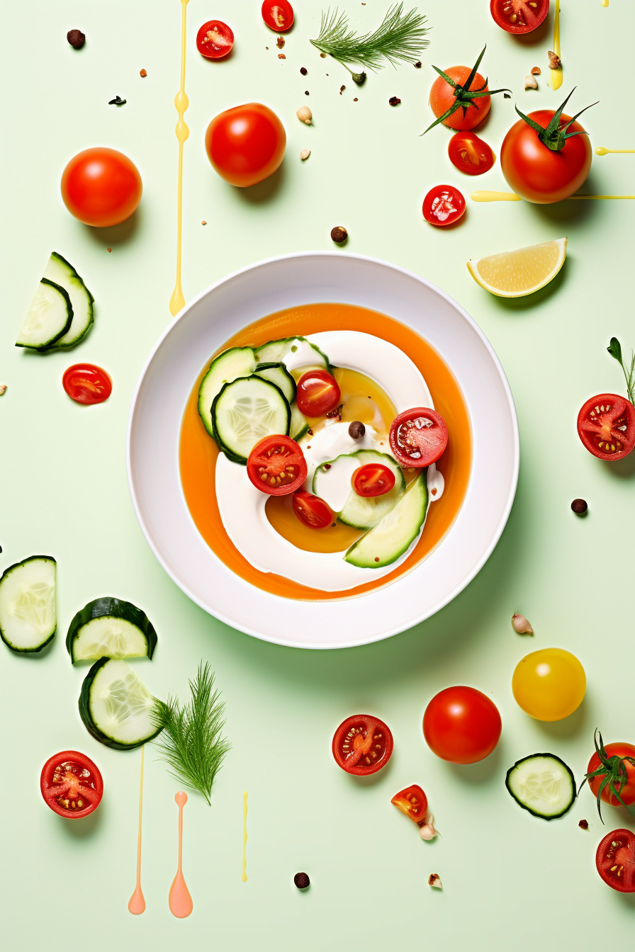 Tomato and Cucumber Gazpacho with Avocado and Dill Ready to Serve