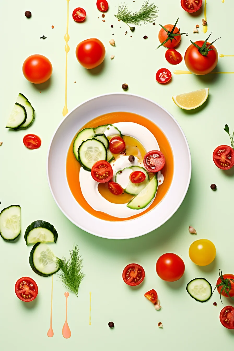 Tomato and Cucumber Gazpacho with Avocado and Dill Ready to Serve