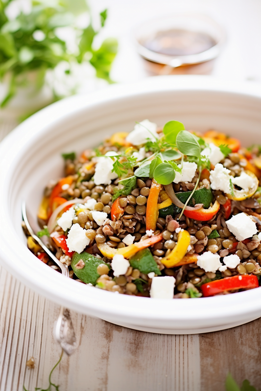 Warm Lentil Salad with Roasted Vegetables and Feta Cheese Preparation