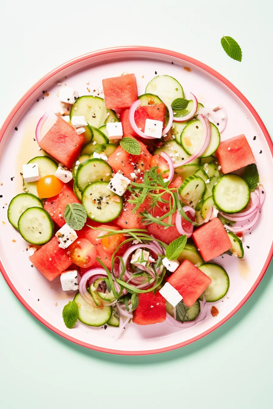 Watermelon, Feta, and Cucumber Salad Ready to Serve