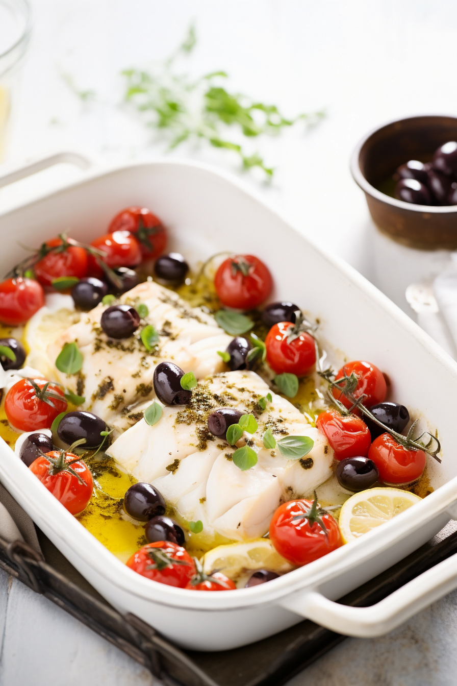 Baked Cod with Tomato, Olive, and Caper Ragout