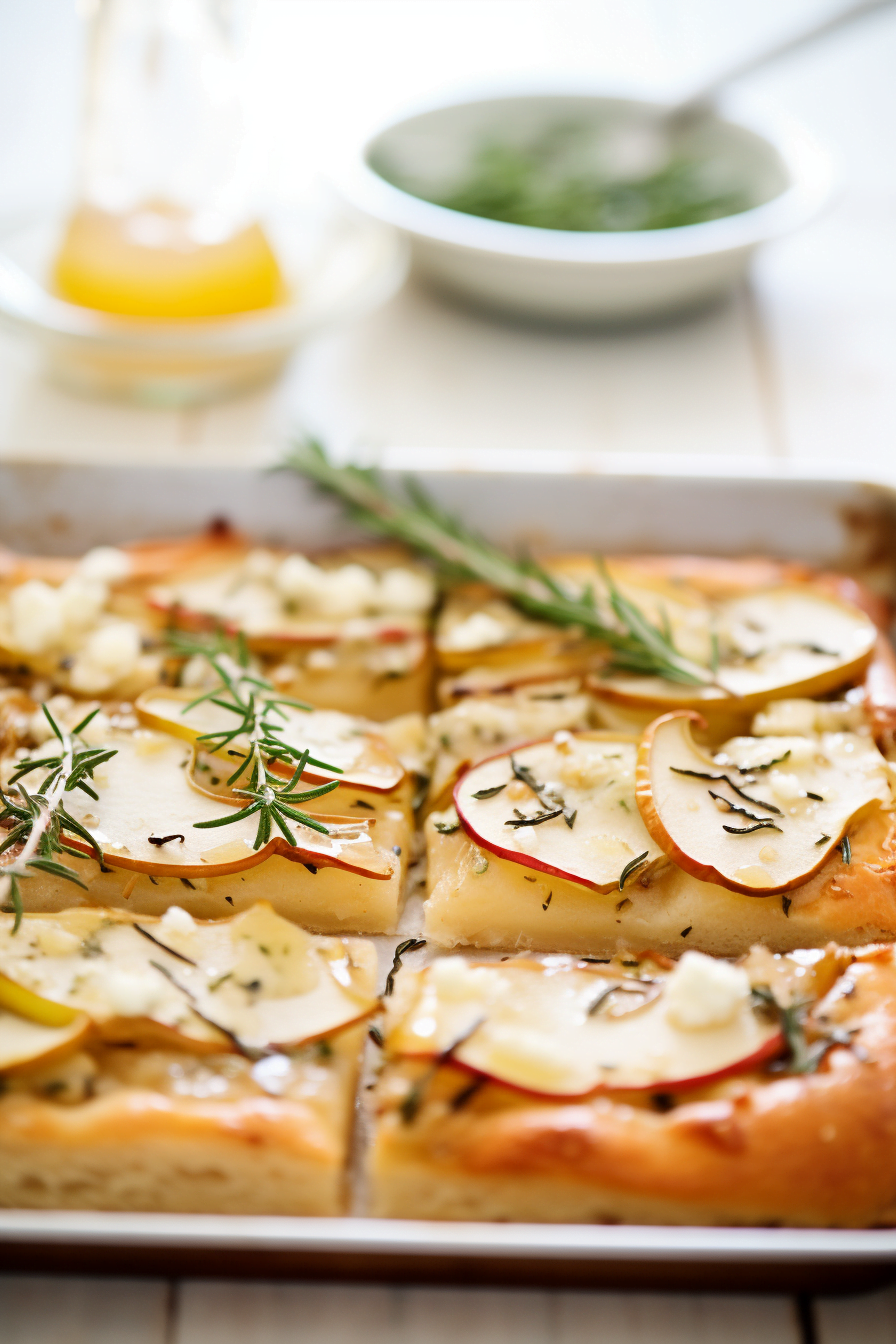 Preparing Italian Focaccia with Rosemary, Caramelized Pear, and Gorgonzola