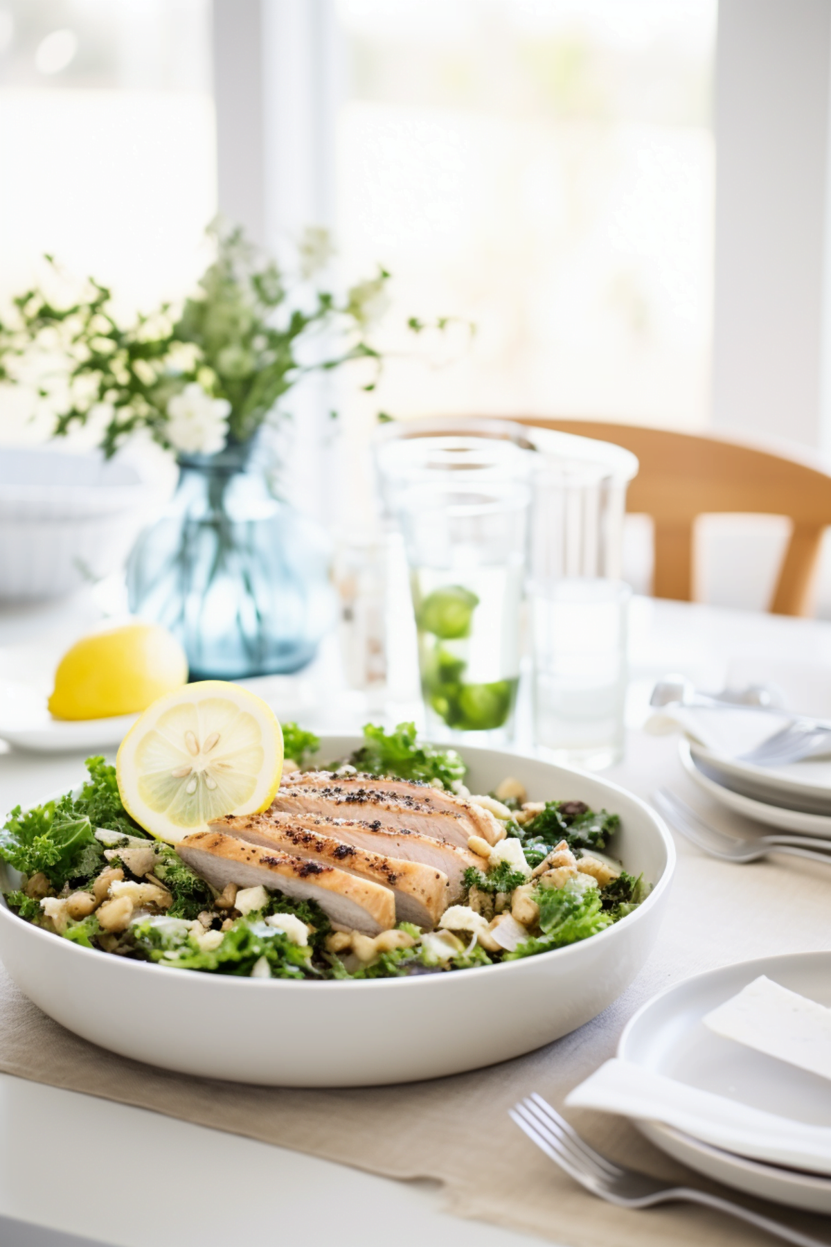 Kale Caesar Salad with Lemon Garlic Dressing and Grilled Chicken_001