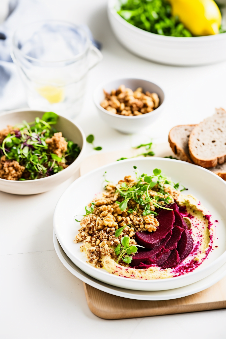 Lebanese Hummus with Roasted Beetroot and Walnut Crumble