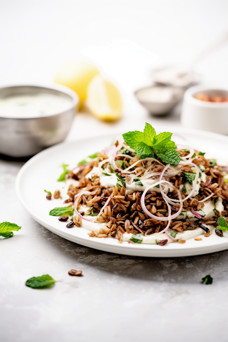 Lebanese Mujadara with Caramelized Shallots and Mint Yogurt