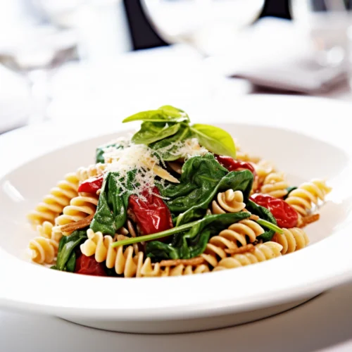 Mediterranean Pasta with Sun-dried Tomatoes, Spinach, and Pine Nuts_001