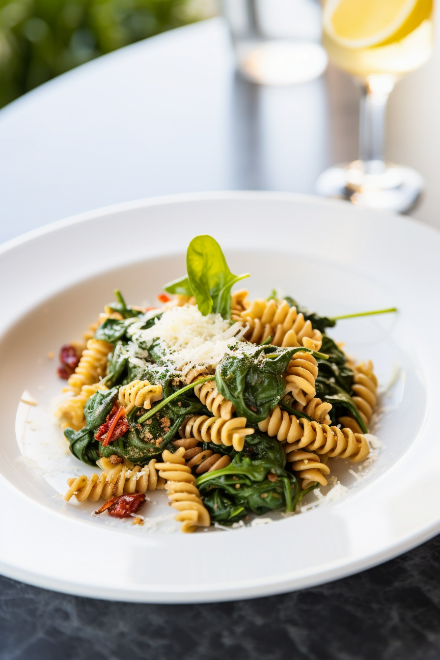 Mediterranean Pasta with Sun-dried Tomatoes, Spinach, and Pine Nuts