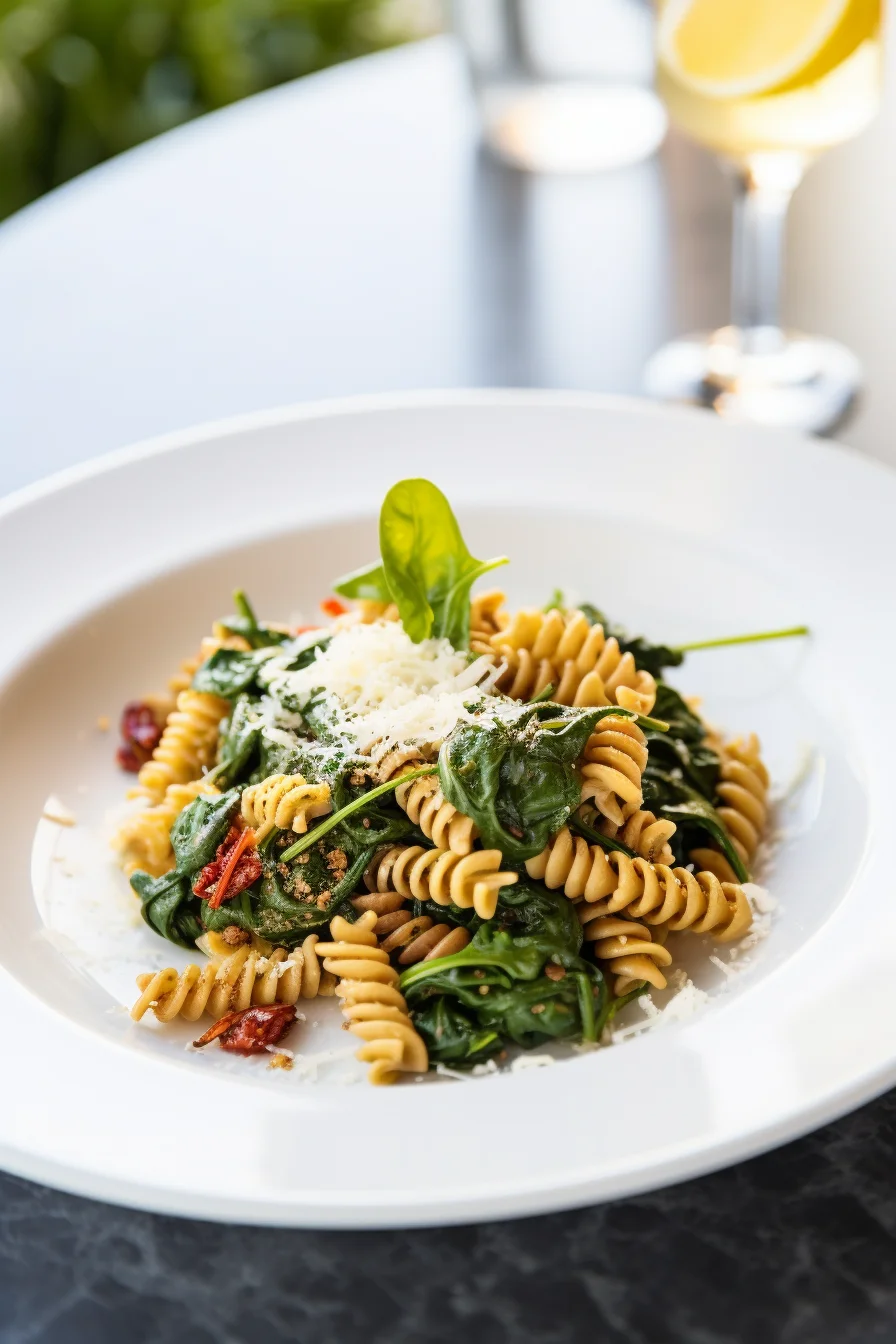 Mediterranean Pasta with Sun-dried Tomatoes, Spinach, and Pine Nuts