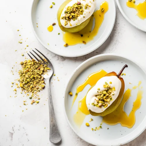 Saffron Poached Pears with Mascarpone and Pistachio Crumble_001