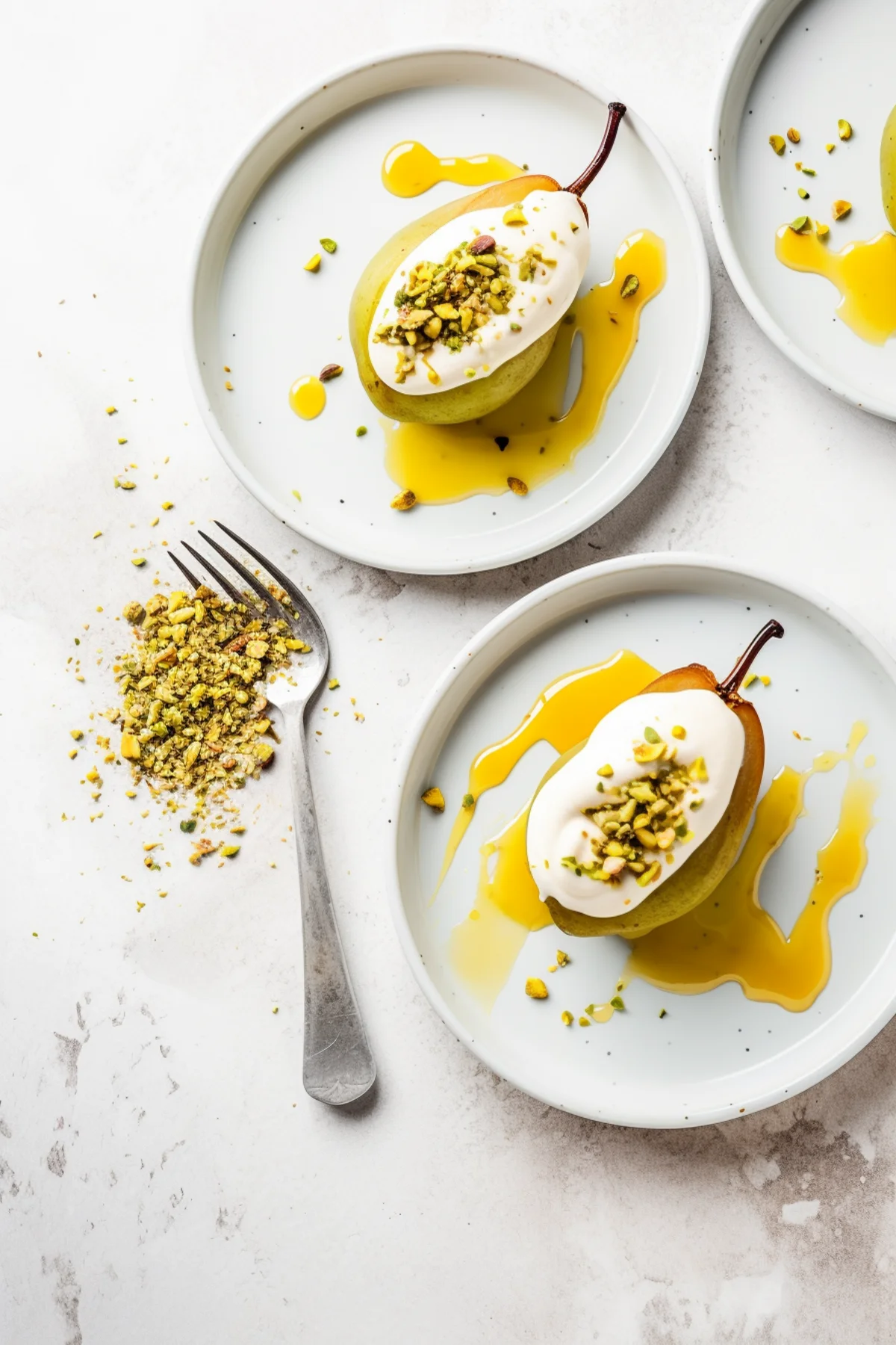 Saffron Poached Pears with Mascarpone and Pistachio Crumble_001