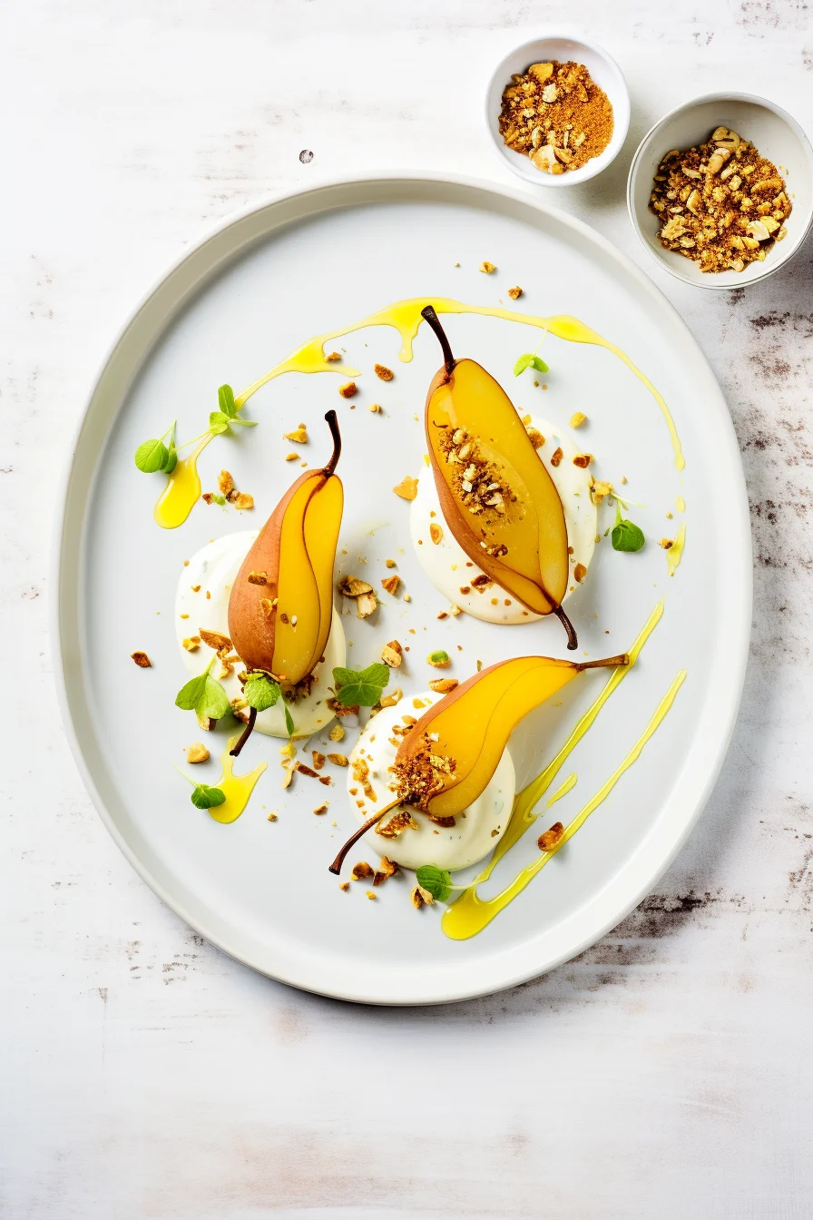 Ingredients for Saffron Poached Pears with Mascarpone and Pistachio Crumble