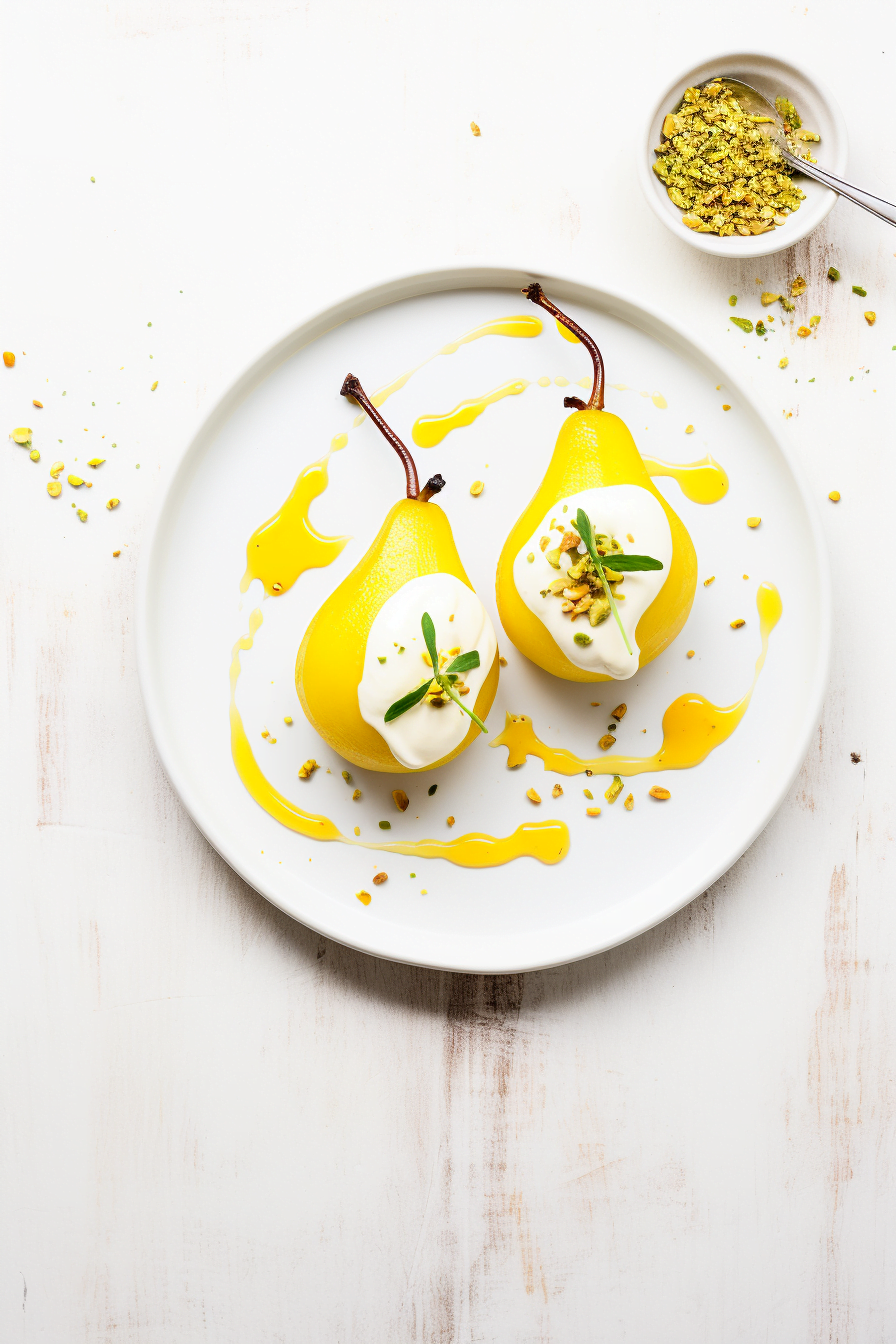 Saffron Poached Pears with Mascarpone and Pistachio Crumble