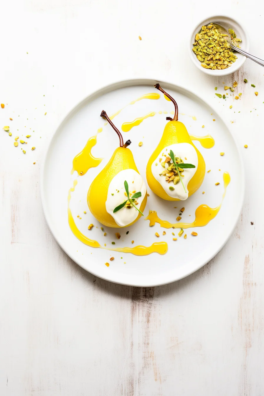 Saffron Poached Pears with Mascarpone and Pistachio Crumble