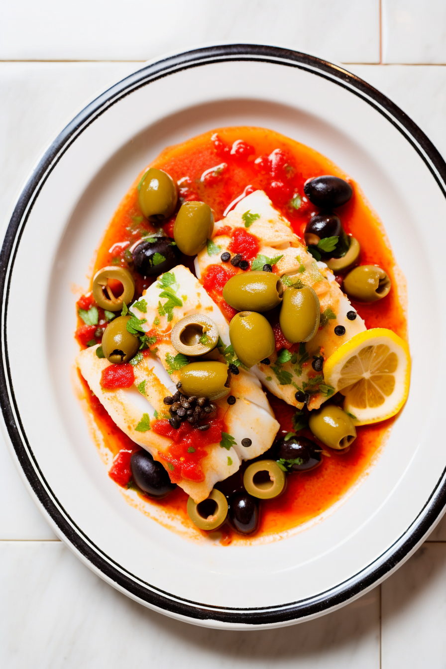 Spanish Cod a la Vizcaina with Olives and Bell Peppers