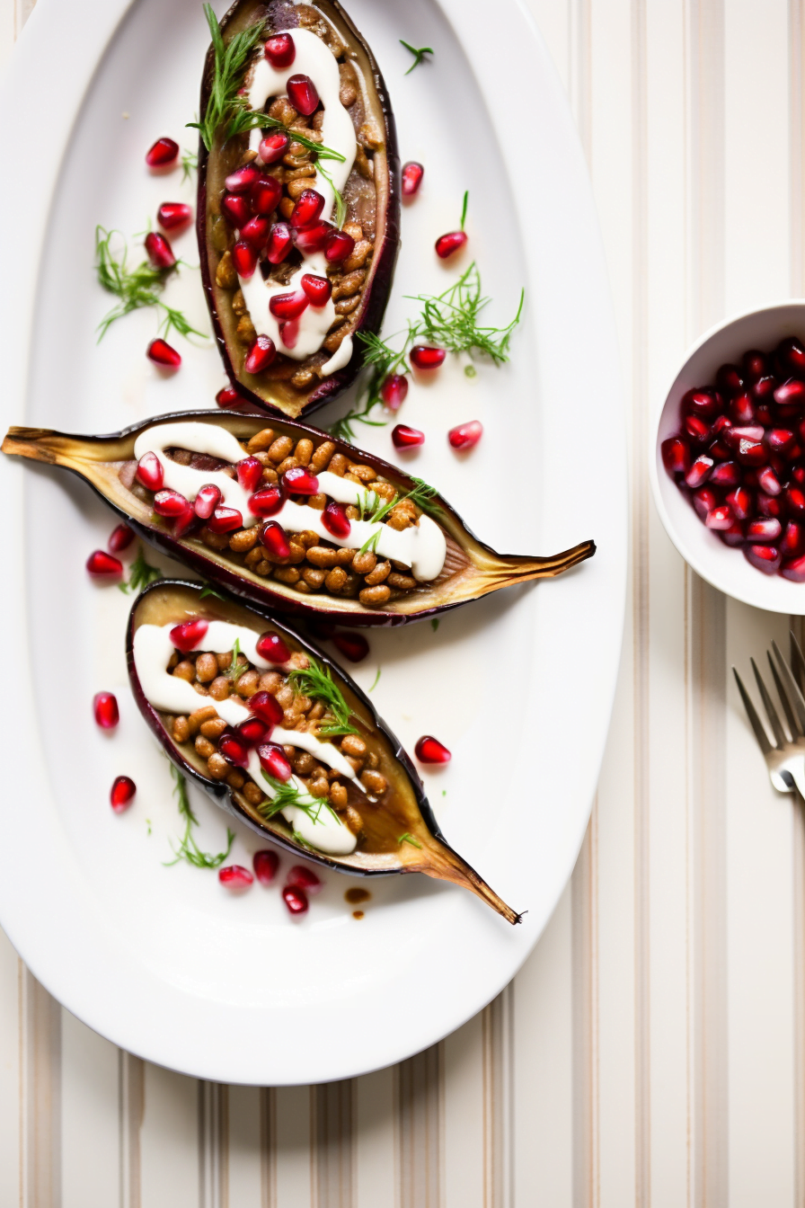 Stuffed Eggplant with Lentils, Walnuts, and Pomegranate Molasses