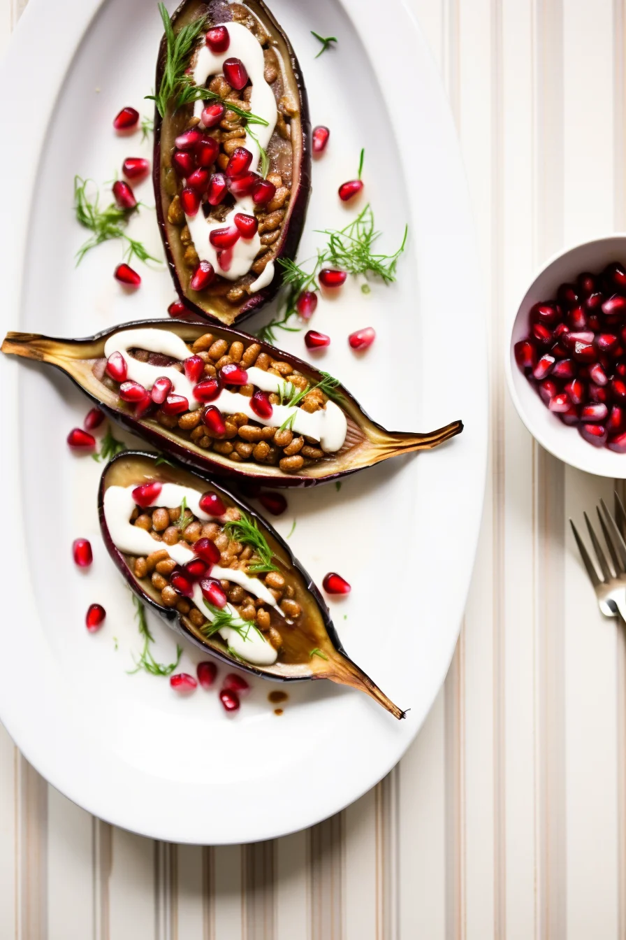 Stuffed Eggplant with Lentils, Walnuts, and Pomegranate Molasses