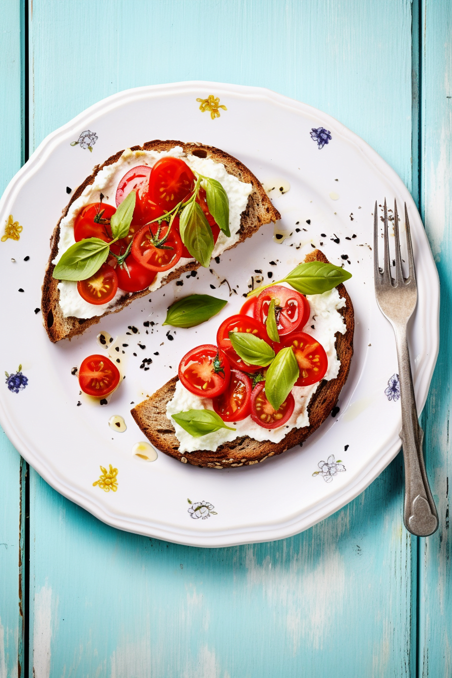 Tomato and Basil Bruschetta with Ricotta on Whole Grain Bread