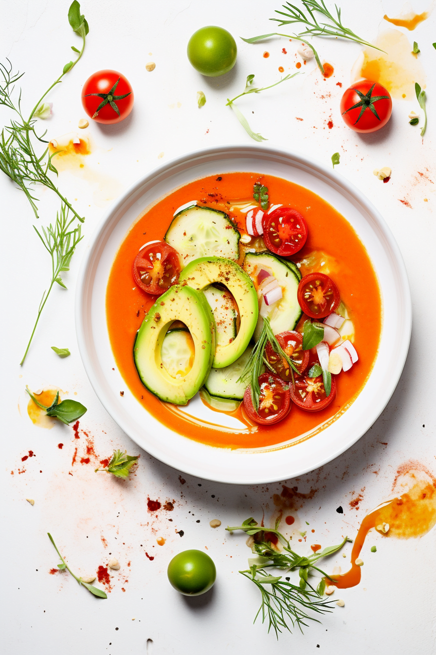 Tomato and Cucumber Gazpacho with Avocado and Dill