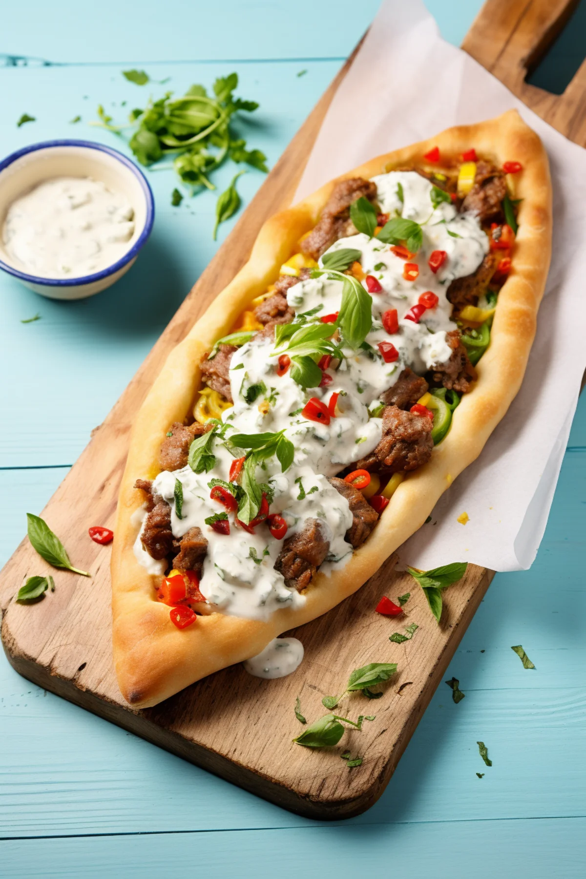 Turkish Pide with Spicy Lamb and Feta, Drizzled with Yogurt Sauce_001