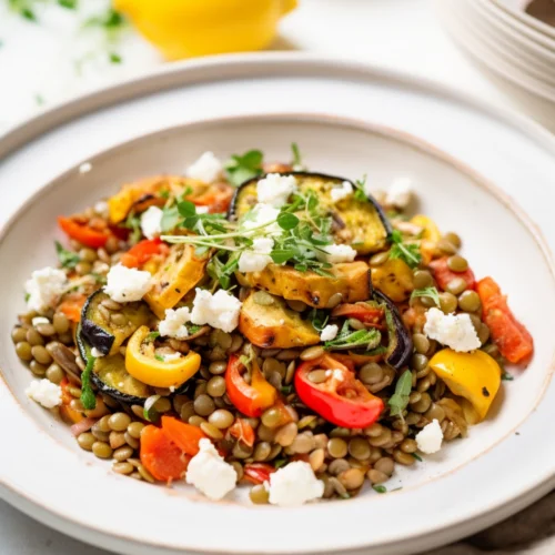Warm Lentil Salad with Roasted Vegetables and Feta Cheese_001
