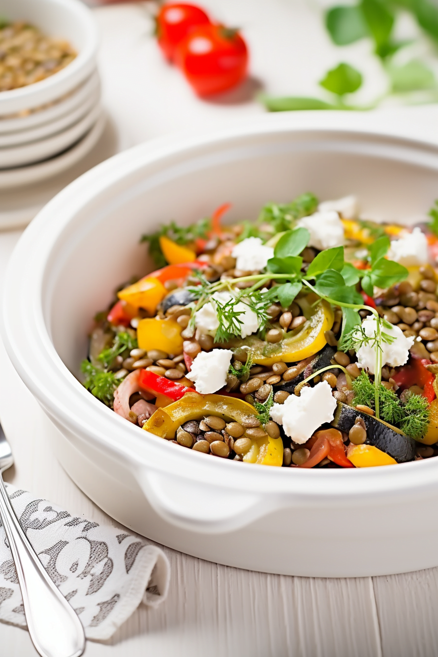 Warm Lentil Salad with Roasted Vegetables and Feta Cheese