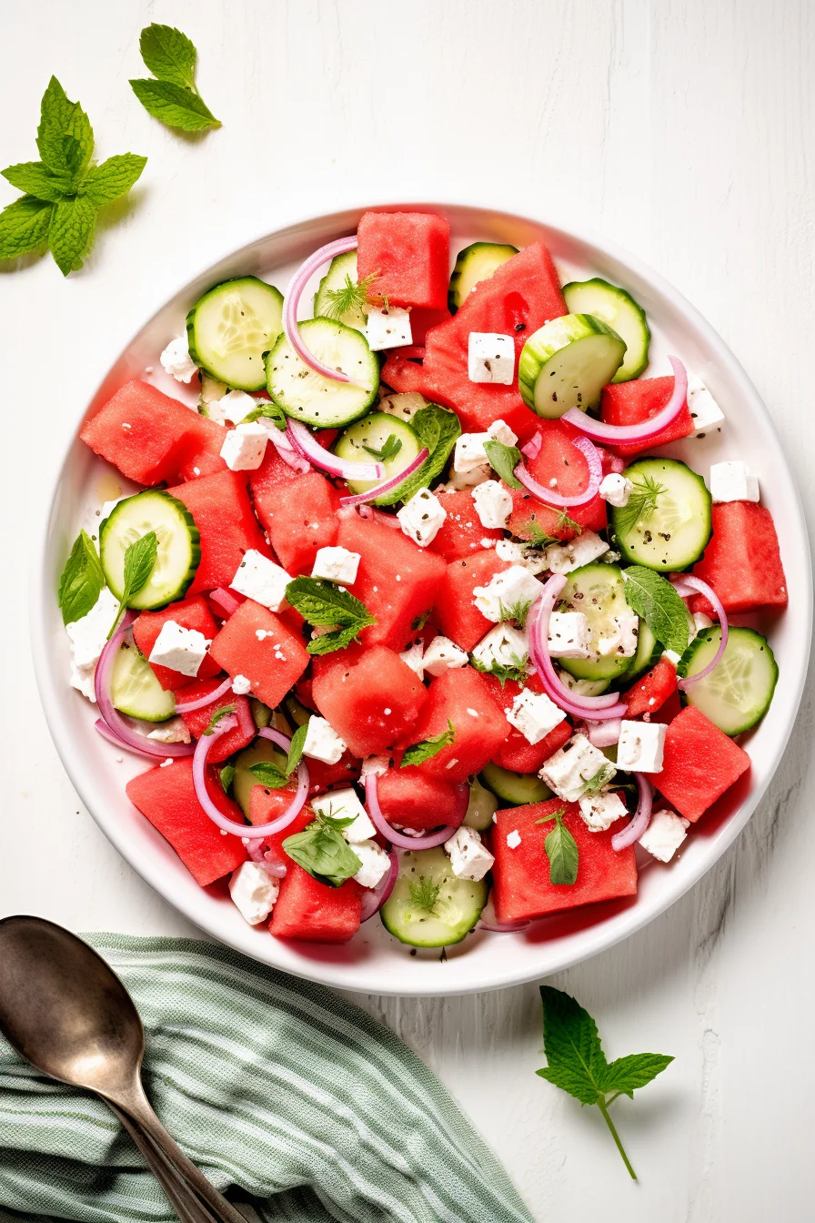 Preparing Watermelon, Feta, and Cucumber Salad