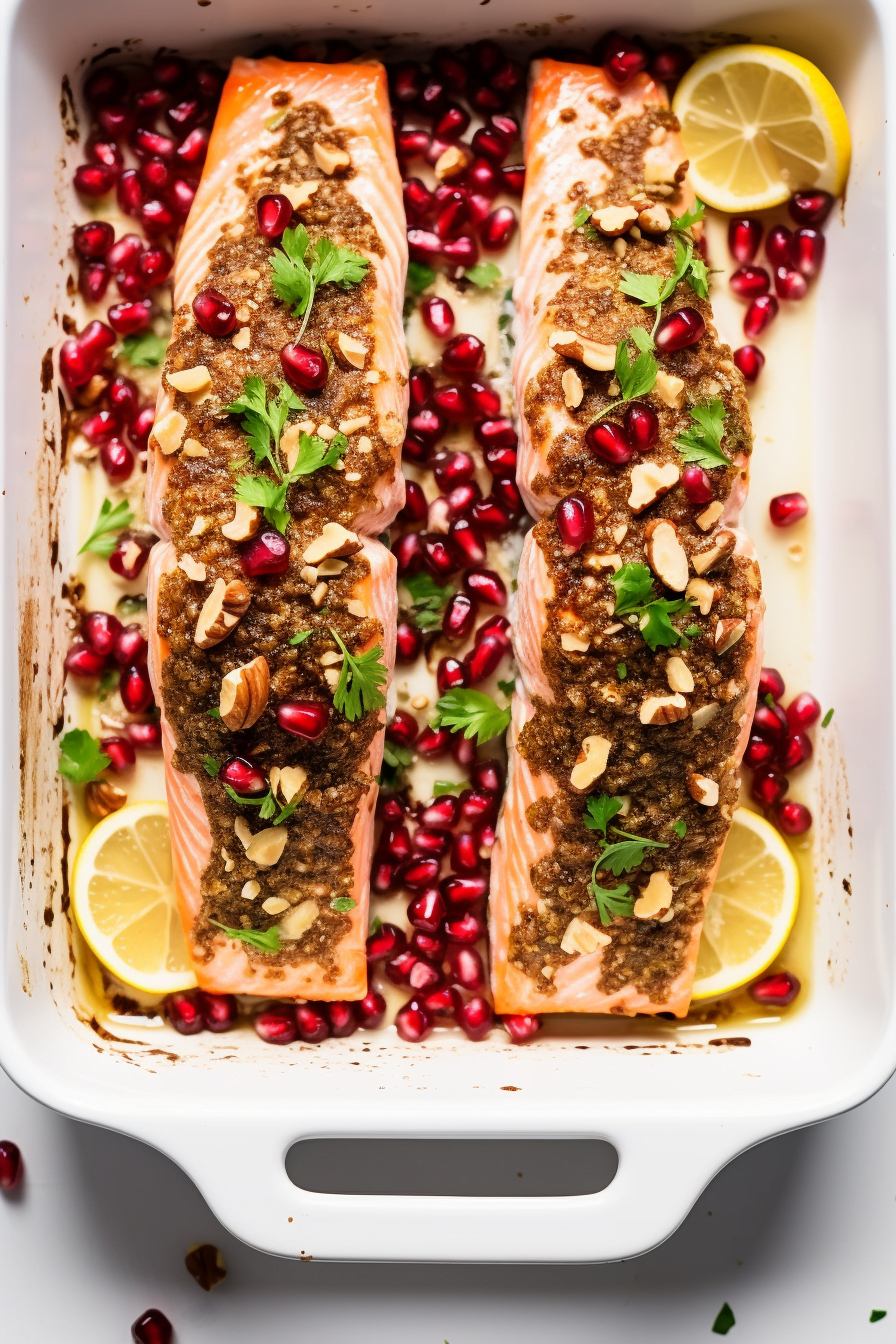 Baked Salmon with Walnut and Pomegranate Crust Ready to Serve