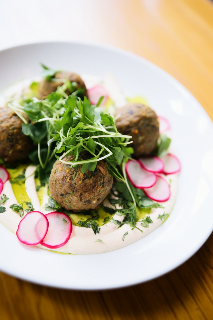 Egyptian Falafel Served with Tahini Drizzle and Pickled Radish
