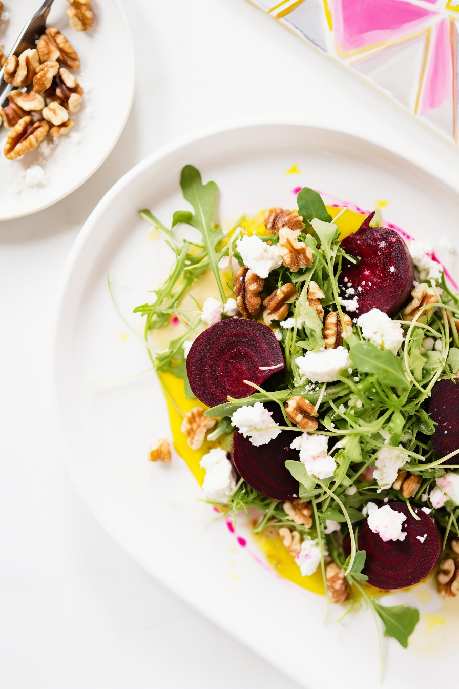 Finished Farro Salad with Roasted Beets, Arugula, and Goat Cheese