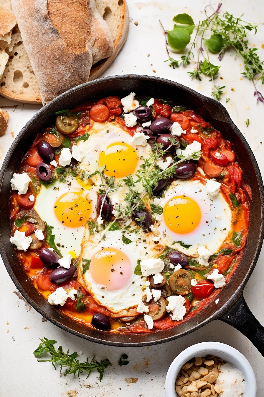 Greek-Style Shakshuka with Feta and Kalamata Olives Ready to Serve