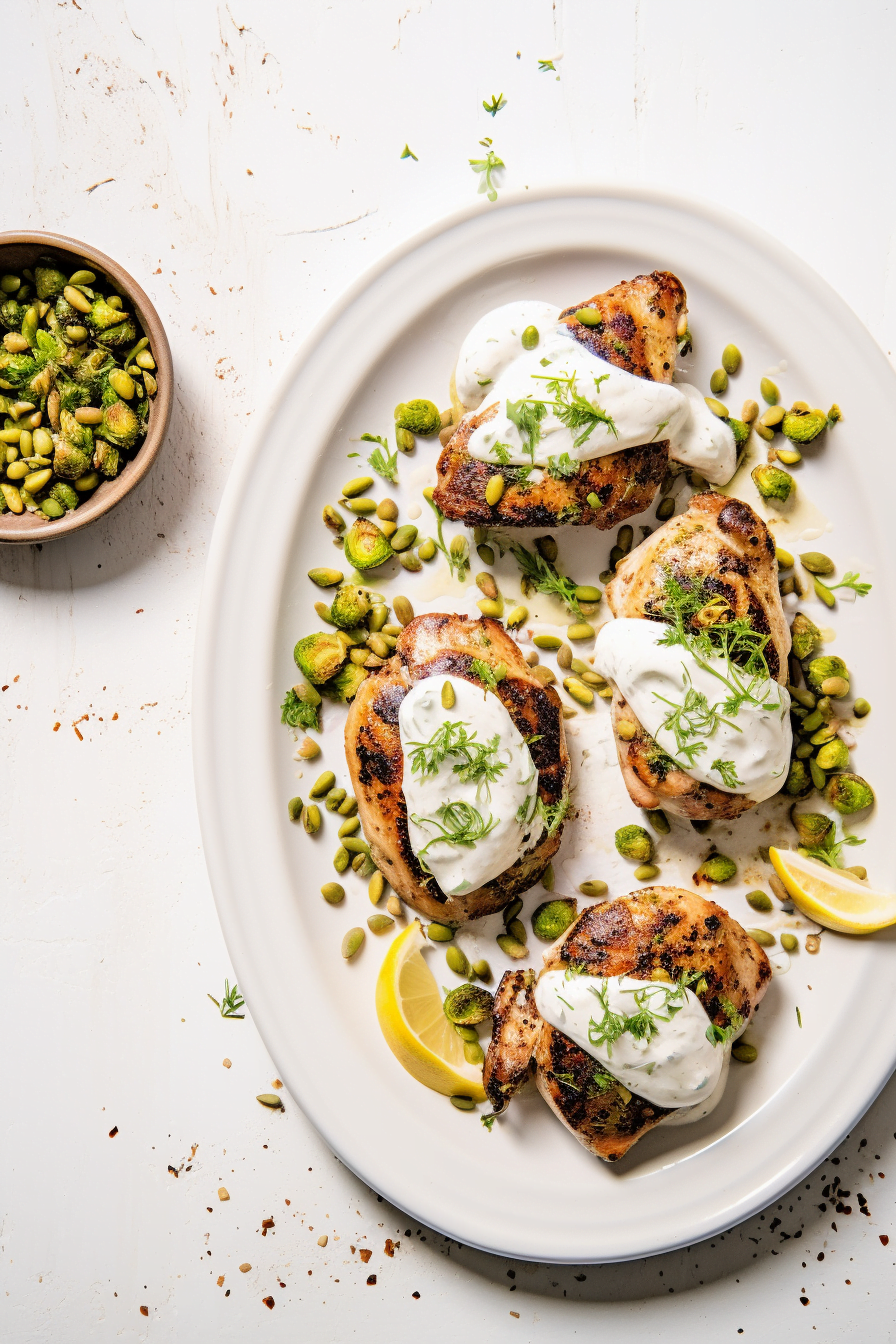 Grilled Greek Chicken Served with Tzatziki and Pistachio Gremolata