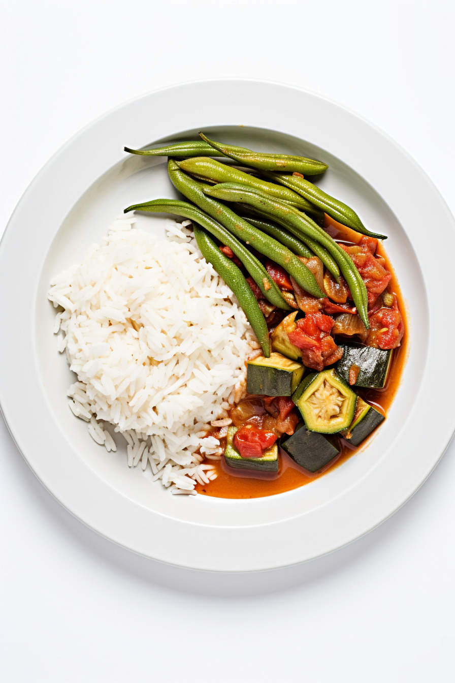 Lebanese Okra and Tomato Stew (Bamieh) served with Brown Rice